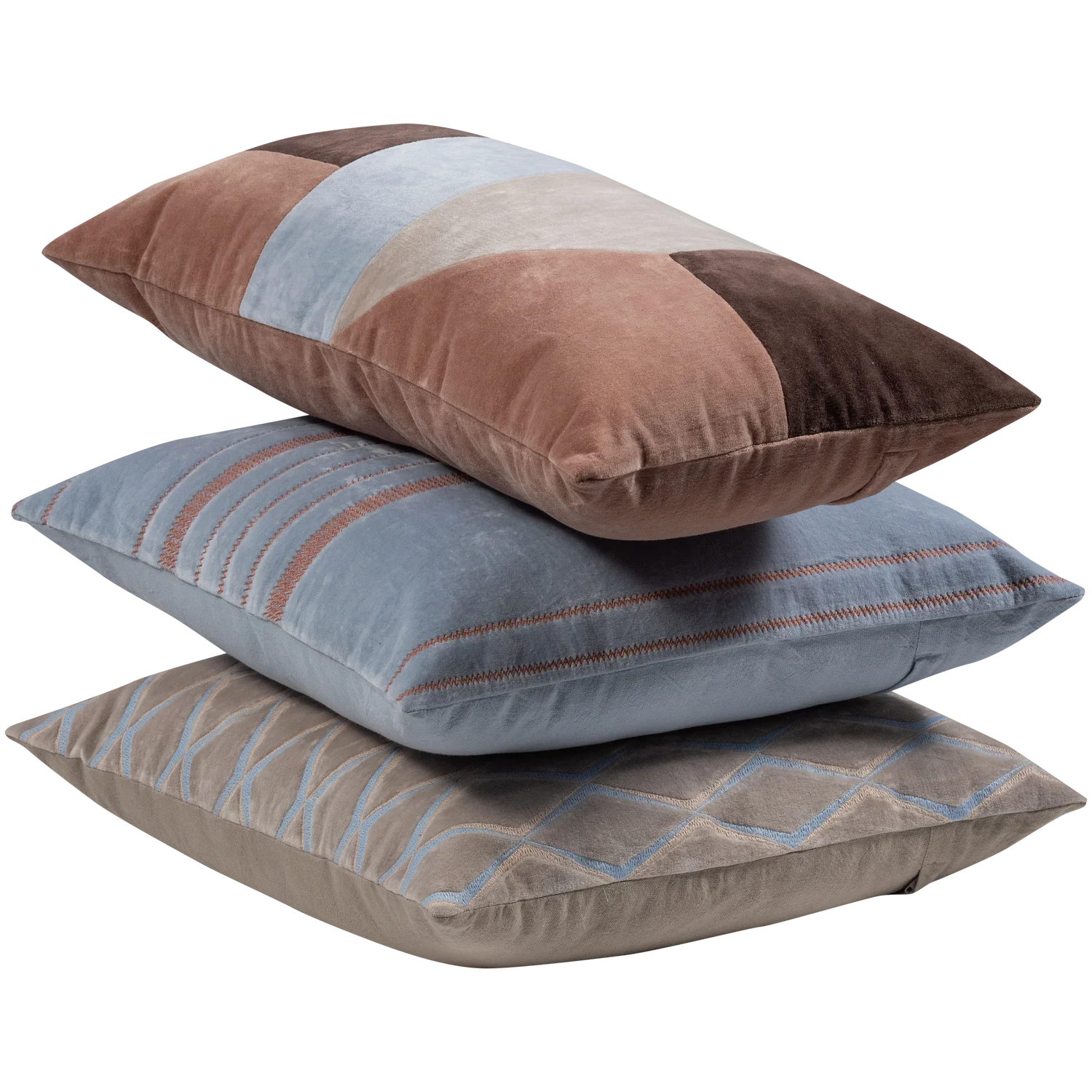 Laon kussens velvet naturel/blauw - set van 3