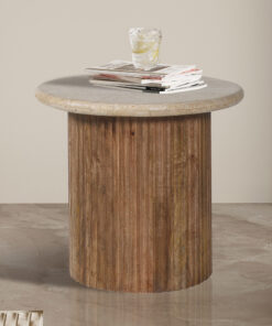 Bijzettafel Louis – Mangohout & Beige Travertijn 50 cm
