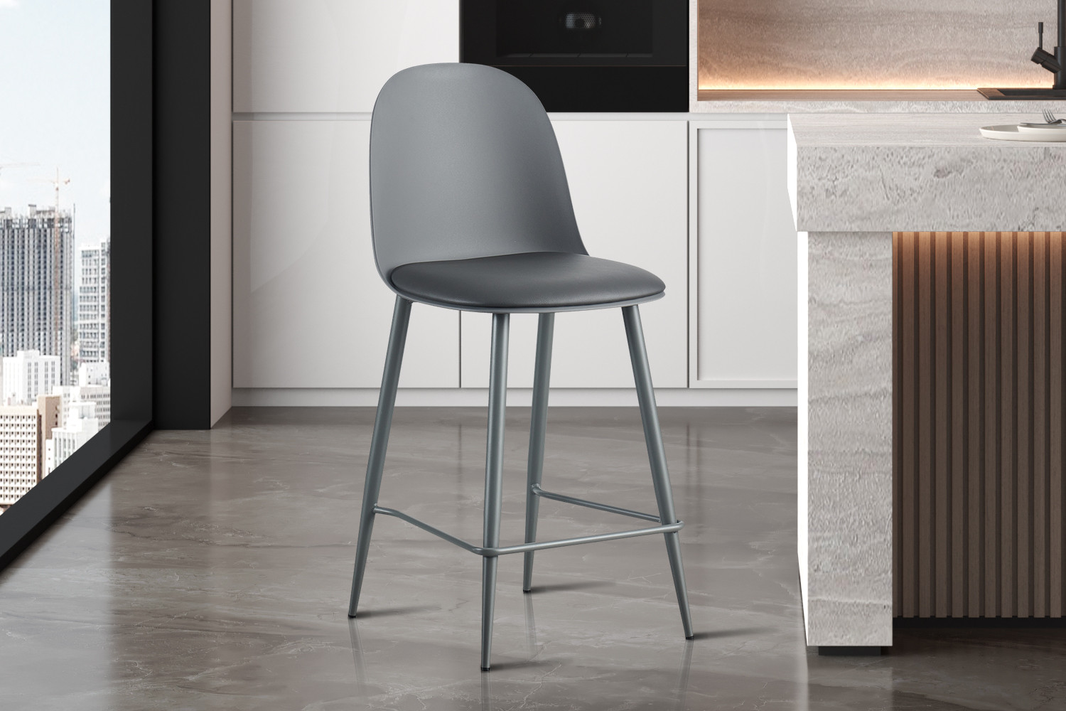 Counterstoel Jasmin Grijs – PP Zitting & PU Kussen - Image 2
