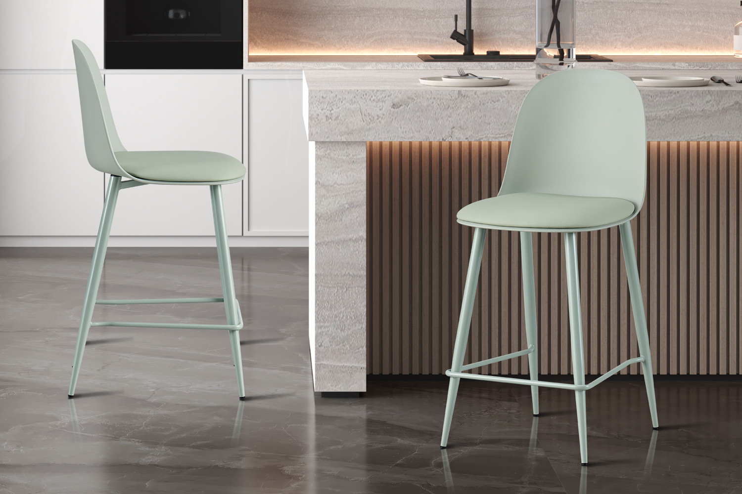 Counterstoel Jasmin Grijs-Groen – PP Zitting & PU Kussen