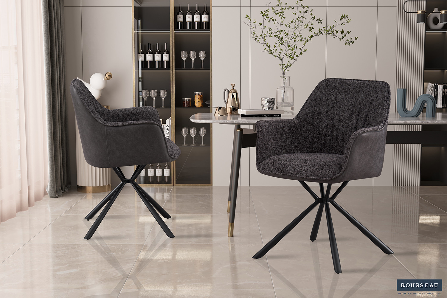 Stoel Lucie – Bouclé Grijs & Lichtgrijs PU